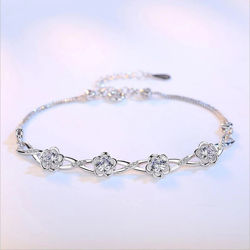 925 Sterling Silver Zirconia Plum Flower Bracelet