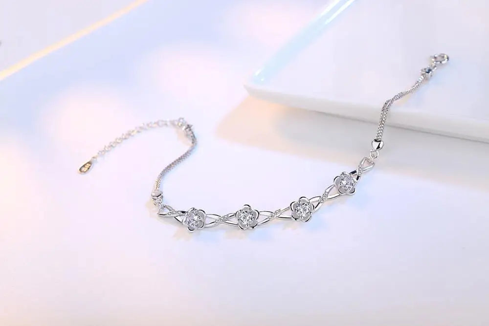 925 Sterling Silver Zirconia Plum Flower Bracelet