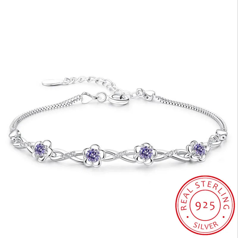 925 Sterling Silver Zirconia Plum Flower Bracelet