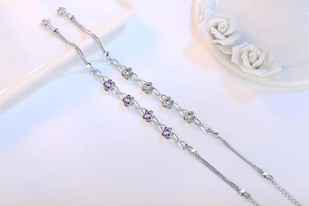 925 Sterling Silver Zirconia Plum Flower Bracelet