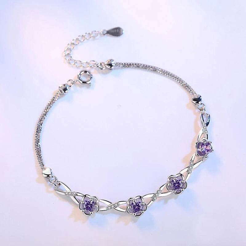 925 Sterling Silver Zirconia Plum Flower Bracelet