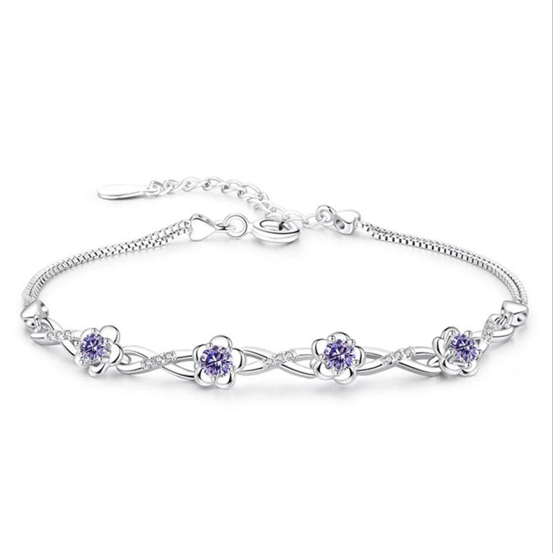 925 Sterling Silver Zirconia Plum Flower Bracelet