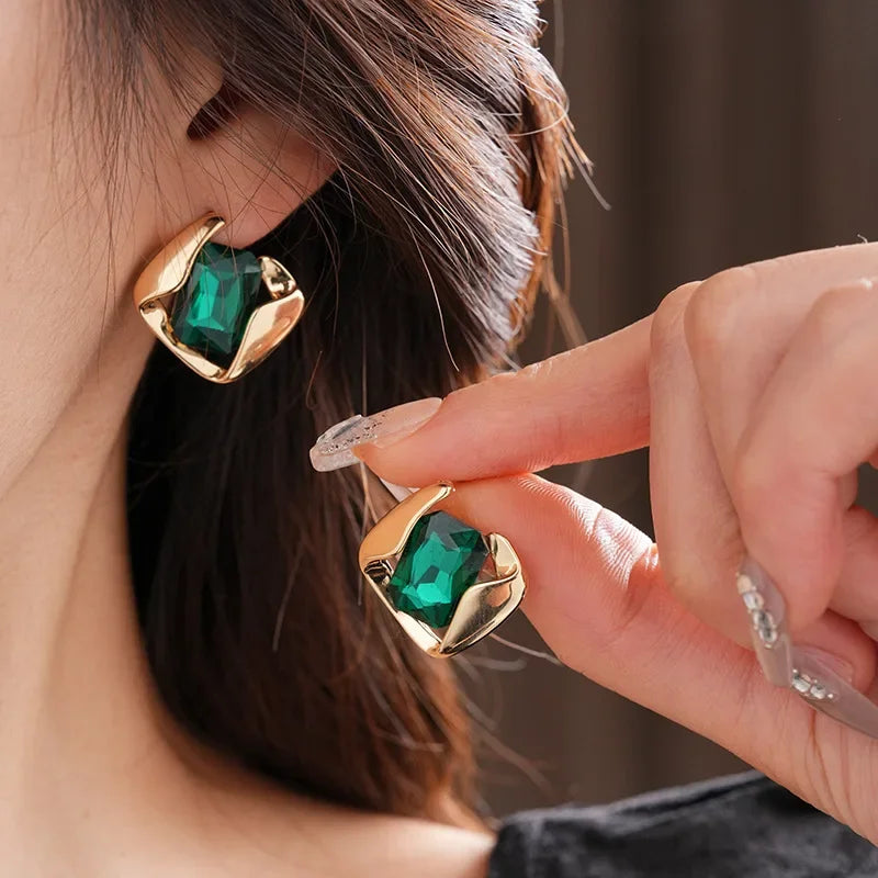 DREJEW Yeşil Moda Düğün Takı Seti Toptan Kare Küpe Retro Hafif Lüks Şık Köprücük Kemiği Zincir Kolye