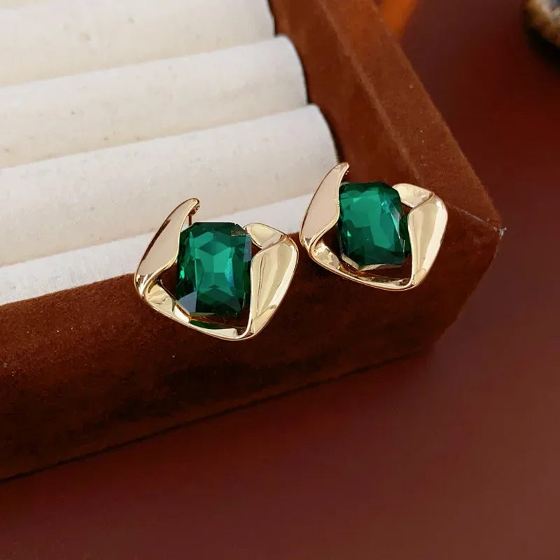 DREJEW Yeşil Moda Düğün Takı Seti Toptan Kare Küpe Retro Hafif Lüks Şık Köprücük Kemiği Zincir Kolye