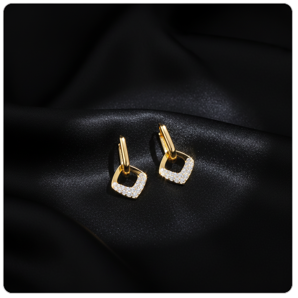 Gold Square Zircon Drop Earrings