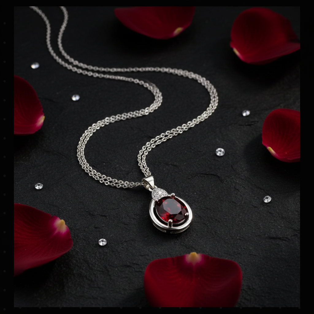 Red Gemstone Necklace - Flat Lay Dark